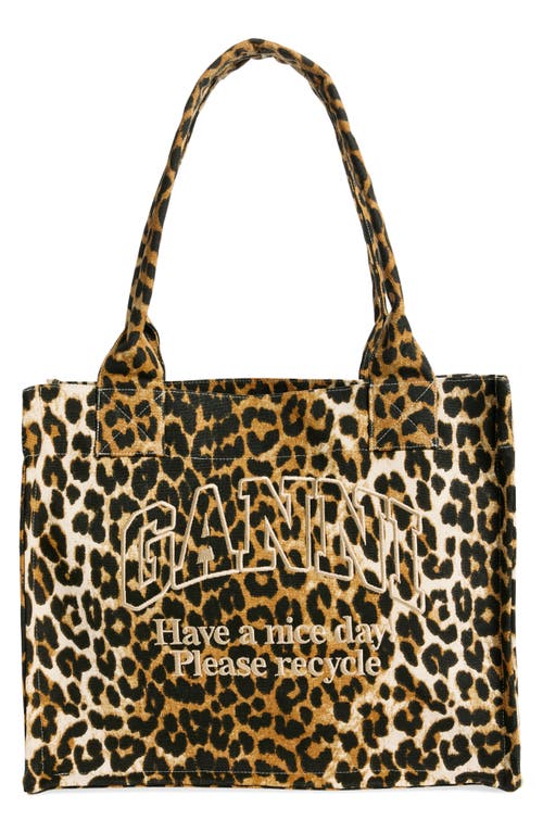 Ganni Large Leopard Print Recycled Cotton Shopper Tote In Leopard