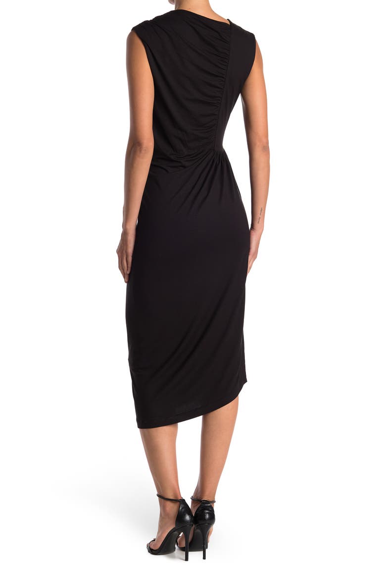 HUGO BOSS Asymmetrical Ruched Sleeveless Midi Dress, Alternate, color, BLK