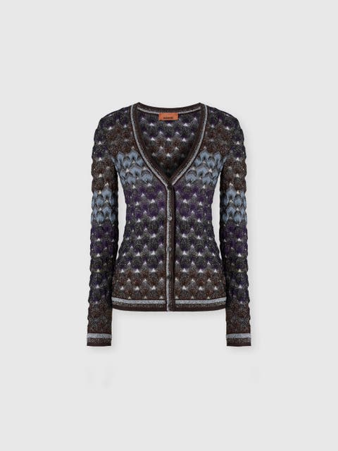 Slim Viscose Lamé Cardigan With Lace Motif