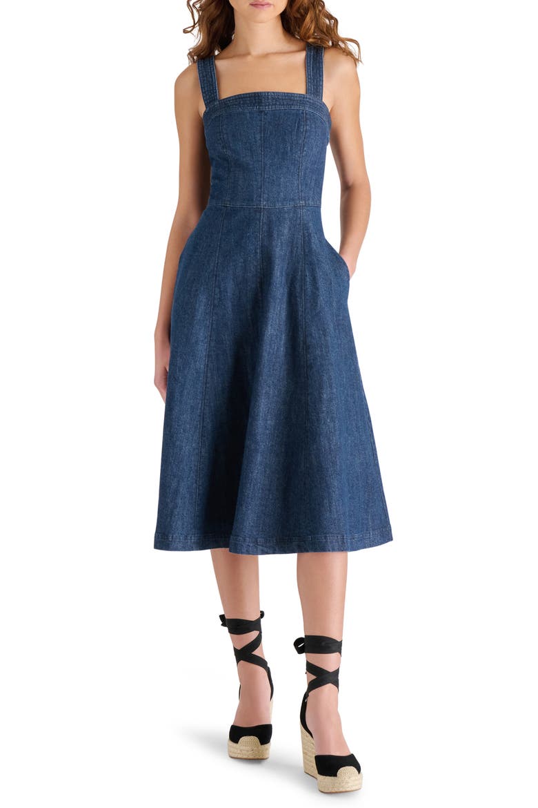 Dolly Denim Fit & Flare Midi Dress, Main, color, MADRID WASH