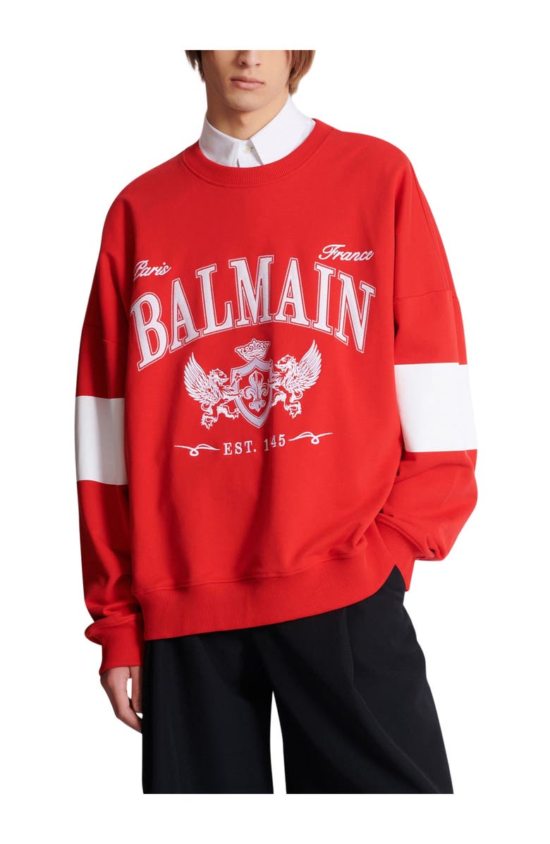 Balmain Boxy Balmain College sweatshirt, Alternate, color, Red