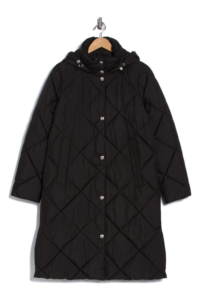 Hooded Long Quilted Puffer Jacket, Alternate, color, BLACK