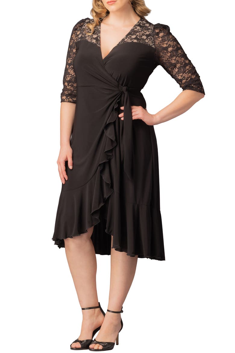 Lavish Lace Midi Wrap Dress, Alternate, color, BLACK NOIR
