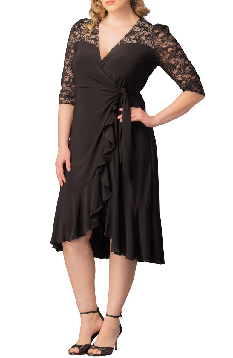 Kiyonna Lavish Lace Midi Wrap Dress, Alternate, color, Black Noir
