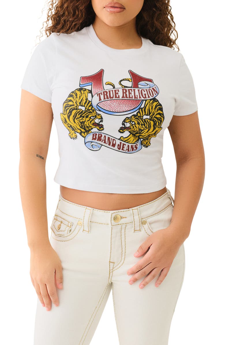 True Religion Tiger Rhinestone Embellished Cotton Graphic Baby Tee, Main, color, 