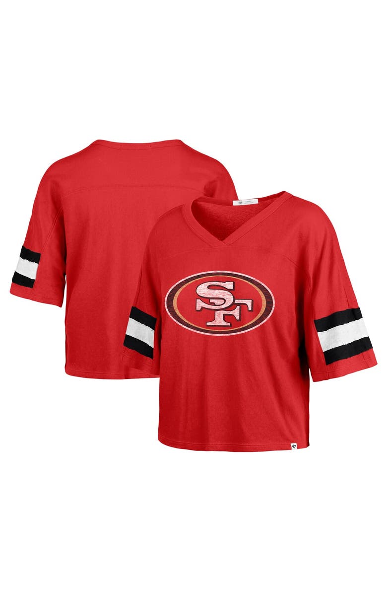 '47 Women's '47 Scarlet San Francisco 49ers  Double Header Scout Cropped V-Neck T-Shirt, Main, color, 