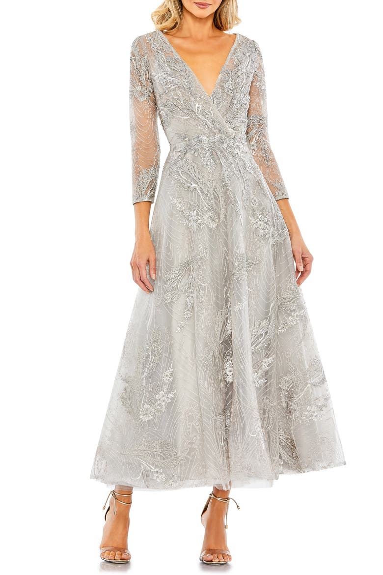 Beaded Floral A-Line Cocktail Dress, Main, color, PLATINUM