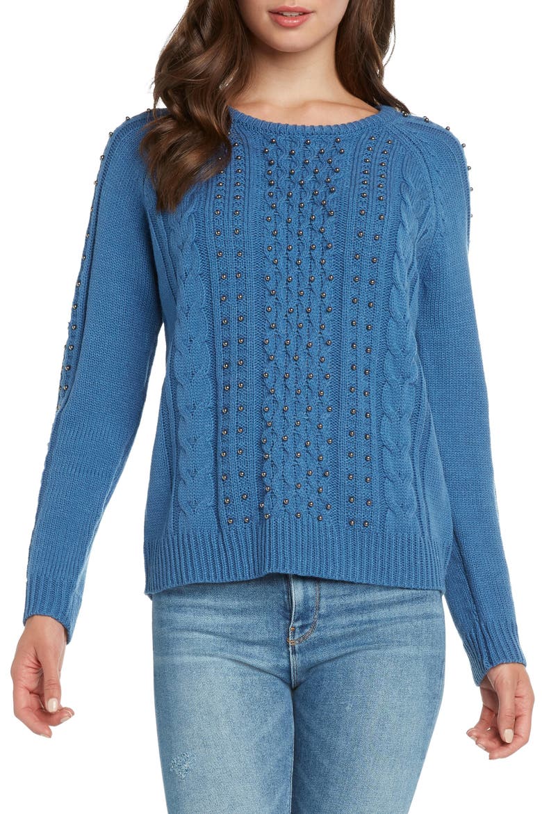 Stud Cable Stitch Sweater, Main, color, DENIM