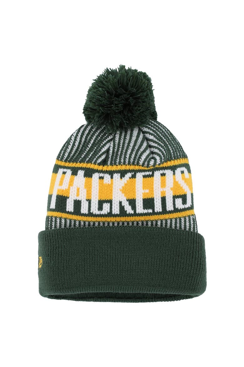 Youth New Era Green Green Bay Packers Striped  Cuffed Knit Hat with Pom, Alternate, color, Green