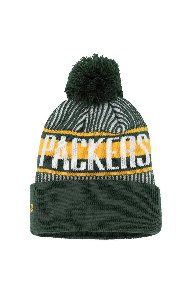 New Era Youth New Era Green Green Bay Packers Striped  Cuffed Knit Hat with Pom, Alternate, color, 