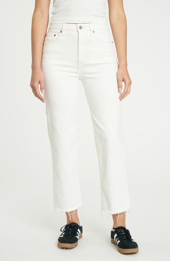 Shop Daze Sun Raw Hem High Waist Crop Straight Leg Carpenter Jeans In Cream