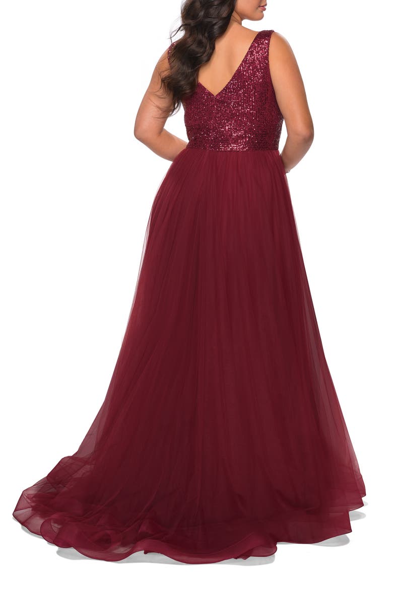 Curvy A-line Gown with Sequin Bodice and Tulle Skirt, Alternate, color, WINE
