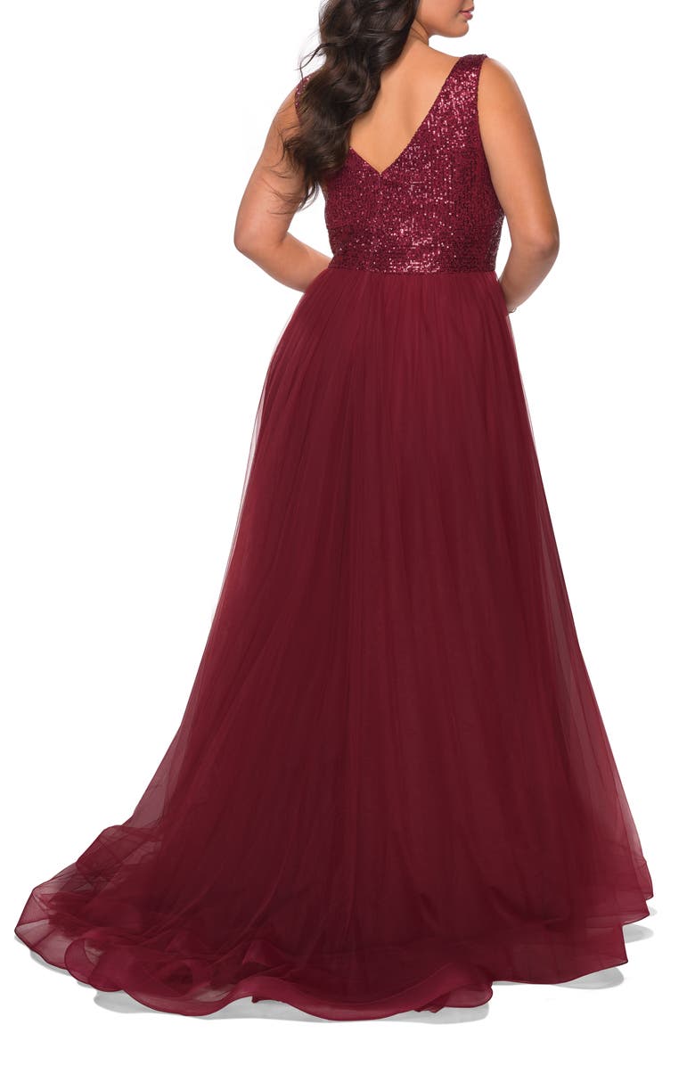 La Femme Curvy A-line Gown with Sequin Bodice and Tulle Skirt, Alternate, color, Wine