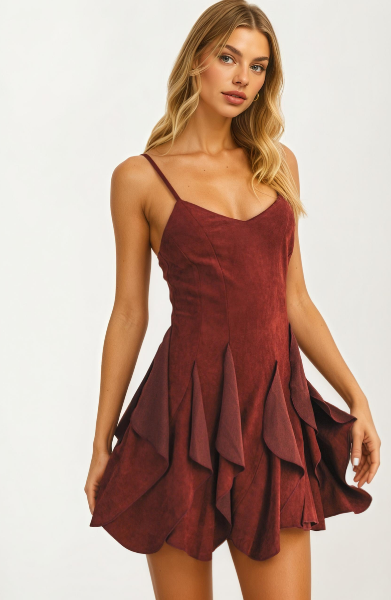 Knit and Lounge Cascading Ruffle Hem Strappy Mini Dress, Main, color, Burgundy
