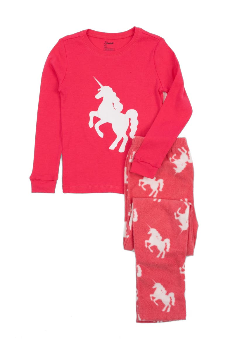 Leveret Kids Cotton Top & Fleece Pants Printed Holiday Pajamas, Main, color, Unicorn