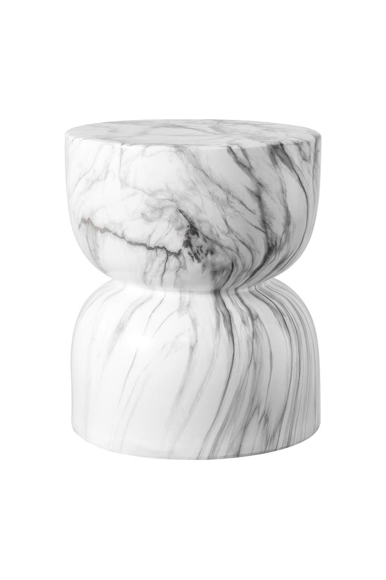 Zakhai Modern Faux Marble Ceramic Indoor/Outdoor Garden Stool, Hourglass Patio Accent Side Table with Built-in Handles, Main, color, White/Gray