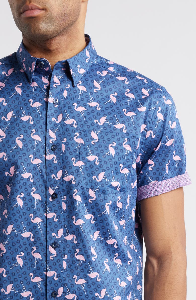 Johnston & Murphy Flamingo Print Short Sleeve Button Up Shirt, Alternate, color, Navy/ Pink
