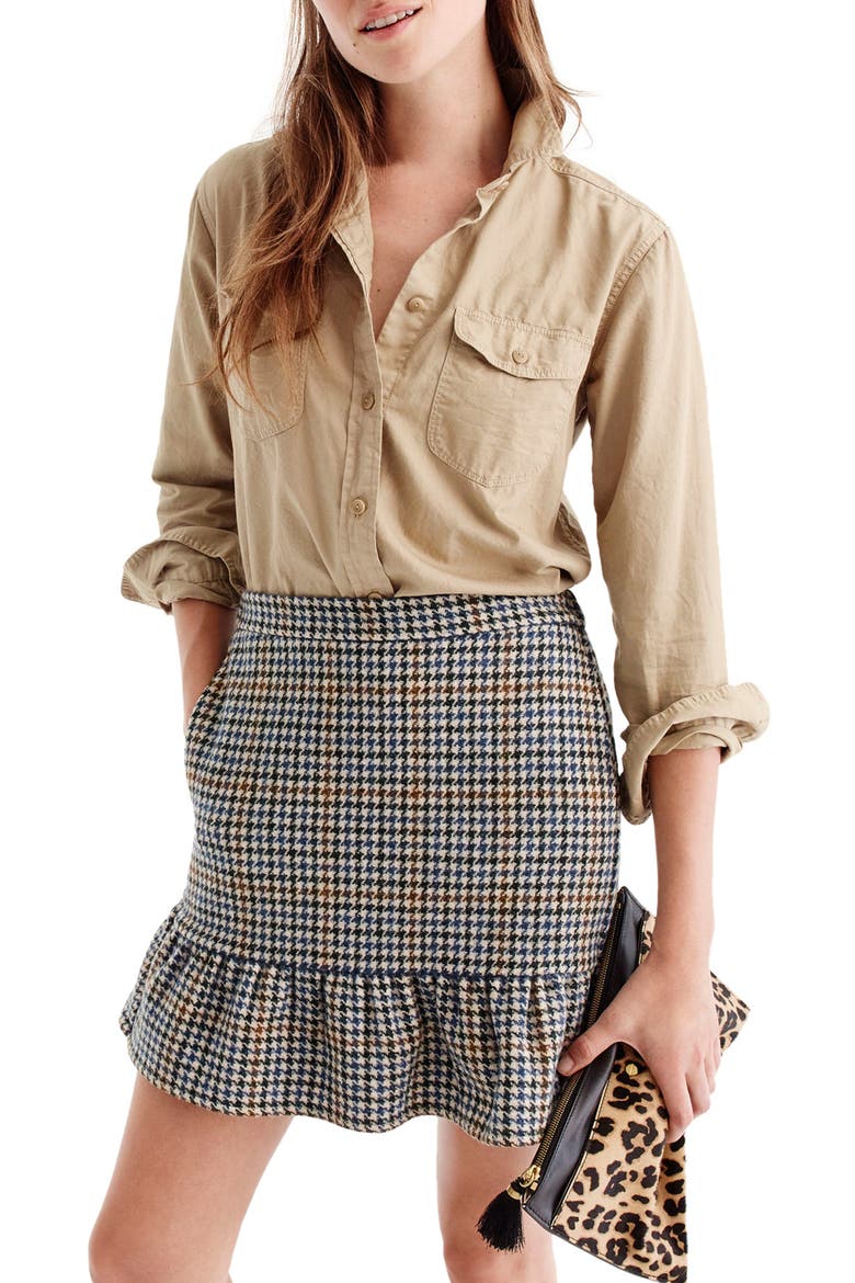 Ruffle Houndstooth Miniskirt, Main, color, NAVY/ BROWN/ CREAM