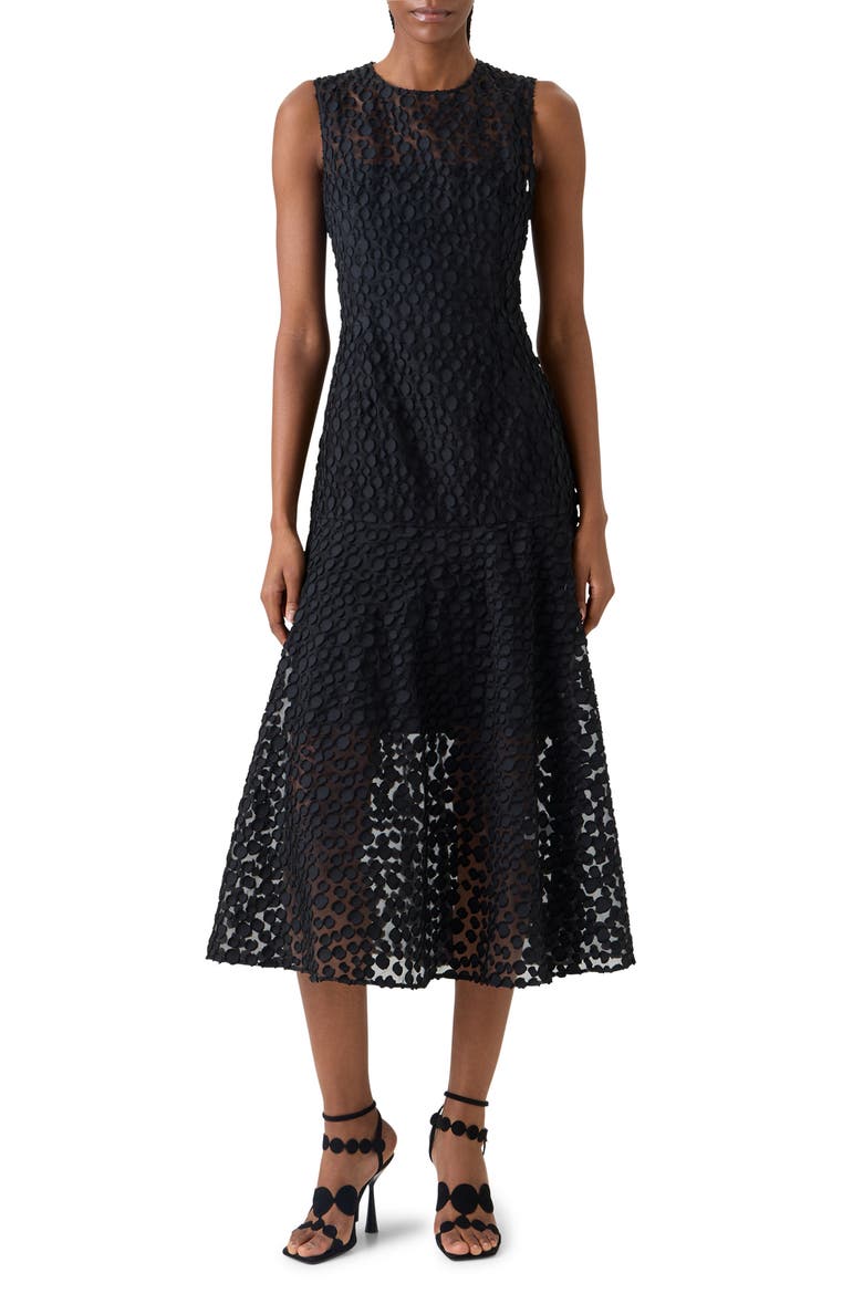 Devoré Dot Organza Flounce Midi Dress, Main, color, BLACK