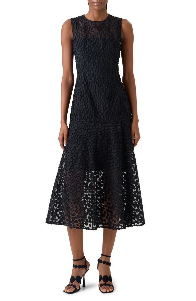 Akris punto Devoré Dot Organza Flounce Midi Dress, Main, color, Black