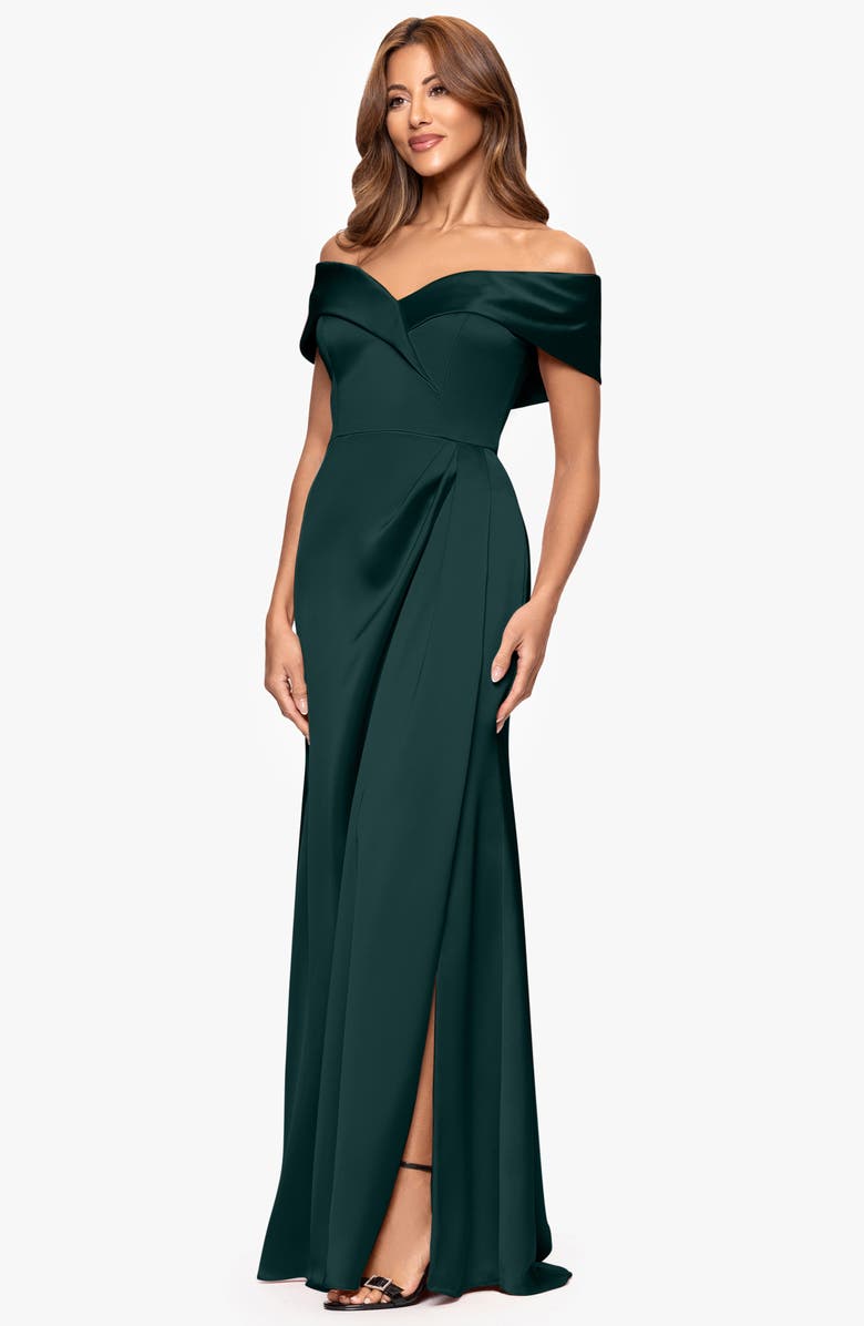 Xscape Evenings Off the Shoulder Satin Gown, Alternate, color, Hunter