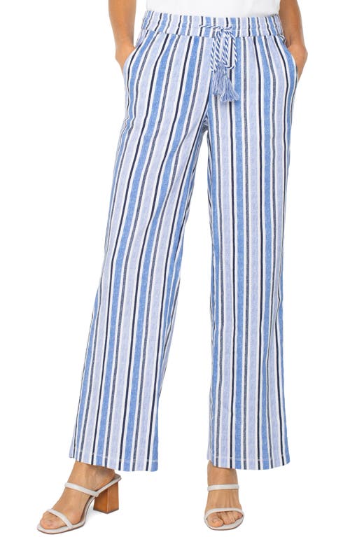 Liverpool Los Angeles Stripe Linen Blend Drawstring Wide Leg Pants In White Blue Multi Stripe