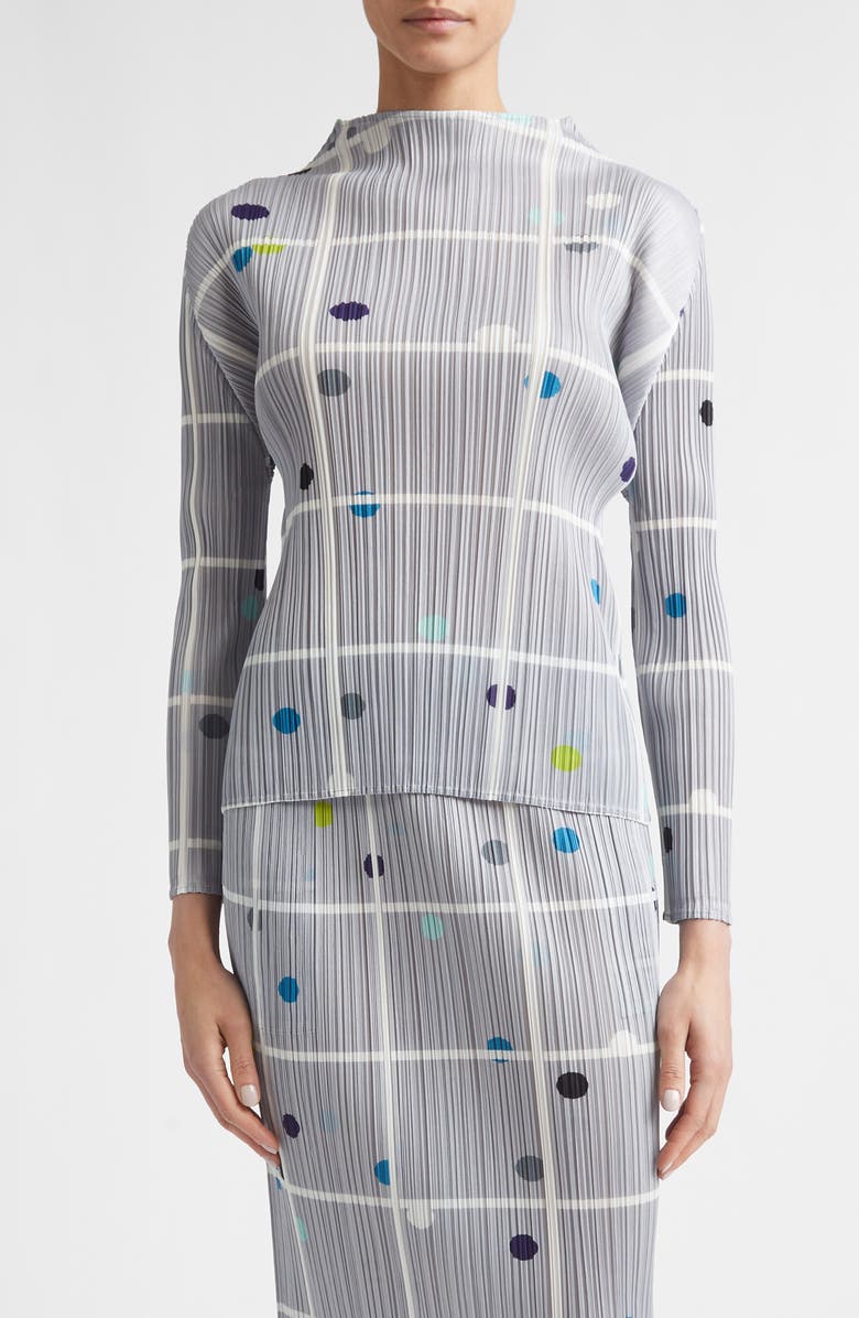 Pleats Please Issey Miyake Crossing Dots Pleated Funnel Neck Top, Main, color, Light Gray