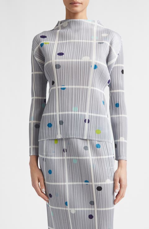 Crossing Dots Pleated Funnel Neck Top