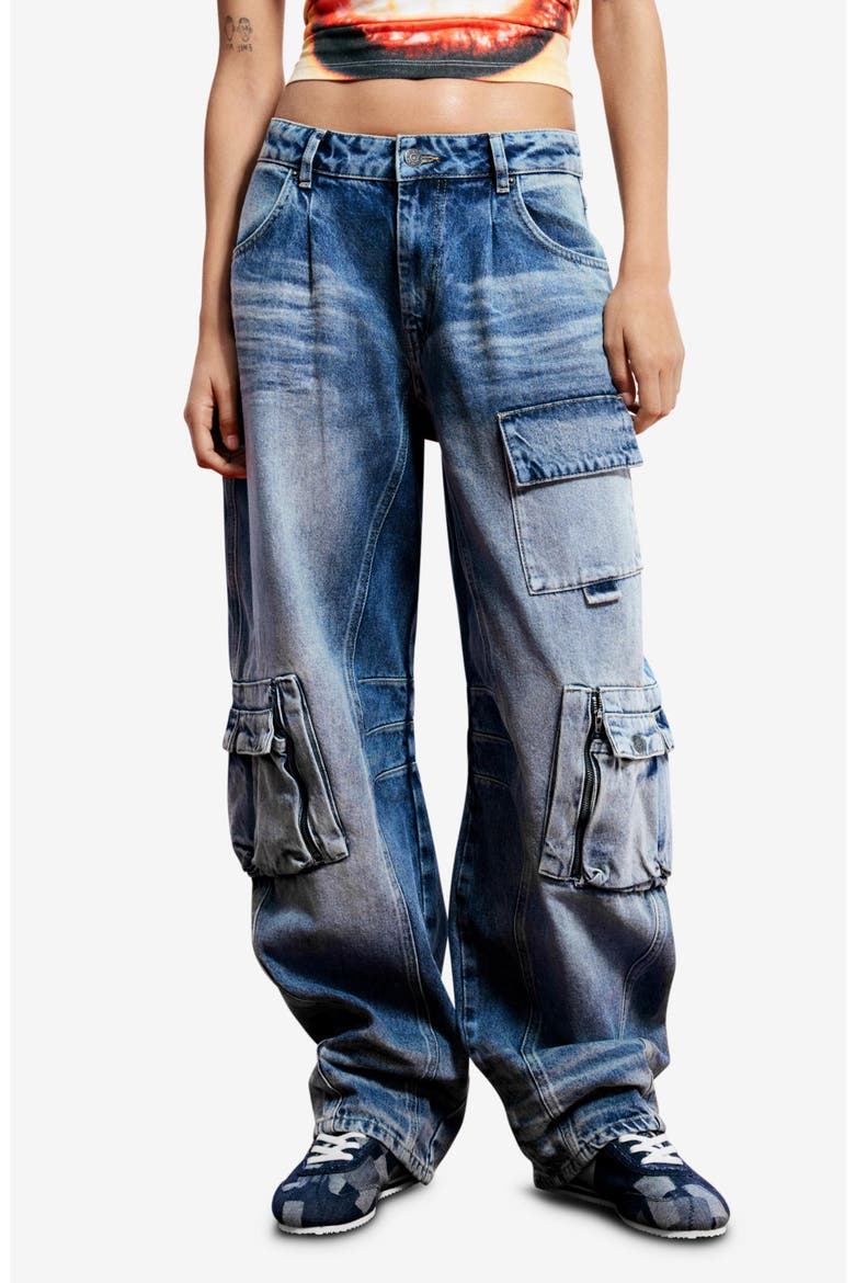 Wide Leg Cargo Jeans, Main, color, MEDIUM BLUE
