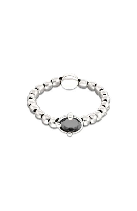 Sterling Silver Plated Ball Elastic Bracelet with Black Faceted Crystal