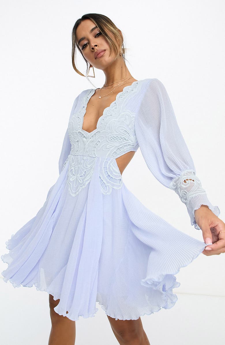 ASOS DESIGN Embroidered Long Sleeve Chiffon Minidress, Alternate, color, Light Blue
