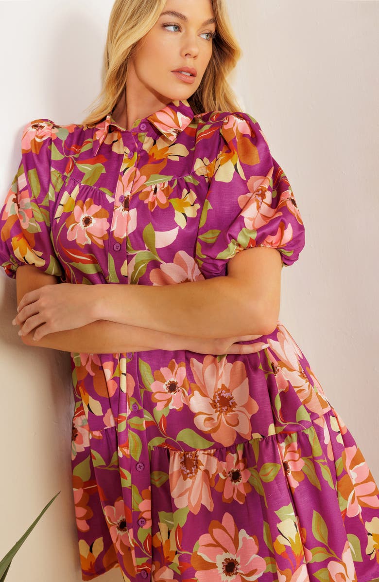 FLYING TOMATO Puff Sleeve Mini Shirtdress, Alternate, color, Purple