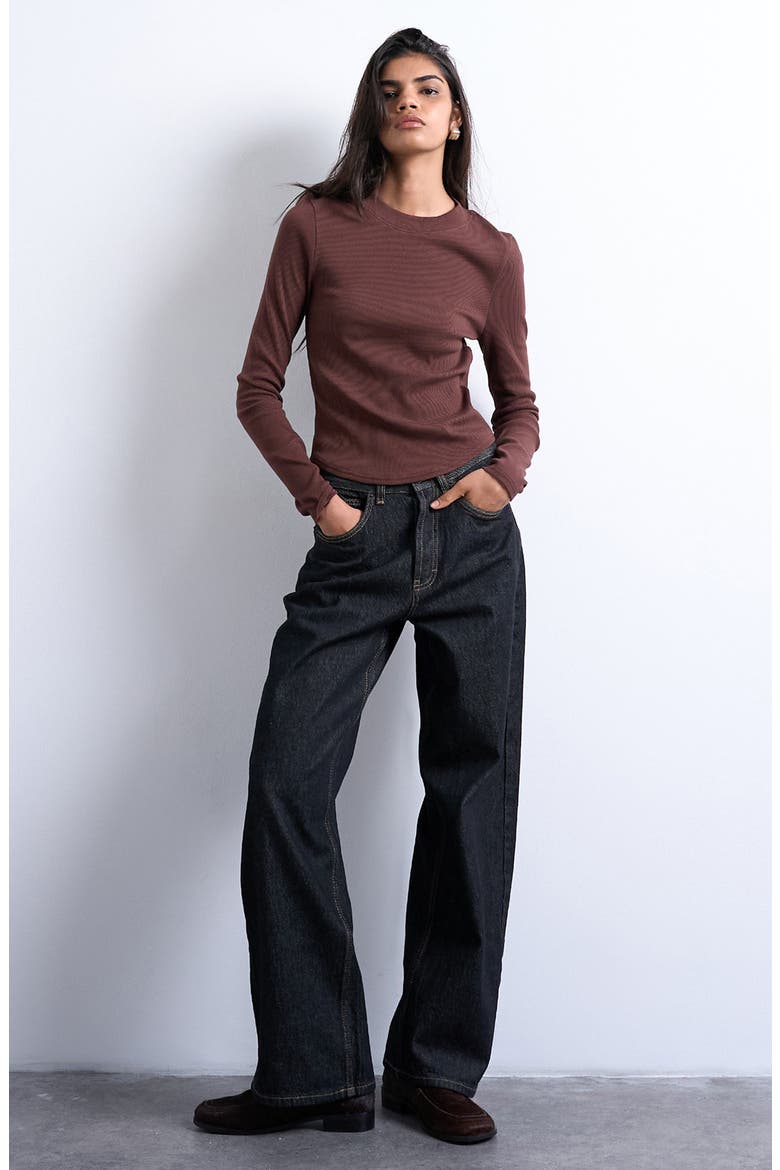 Long Sleeve Curve Hem Rib Top, Alternate, color, BROWN