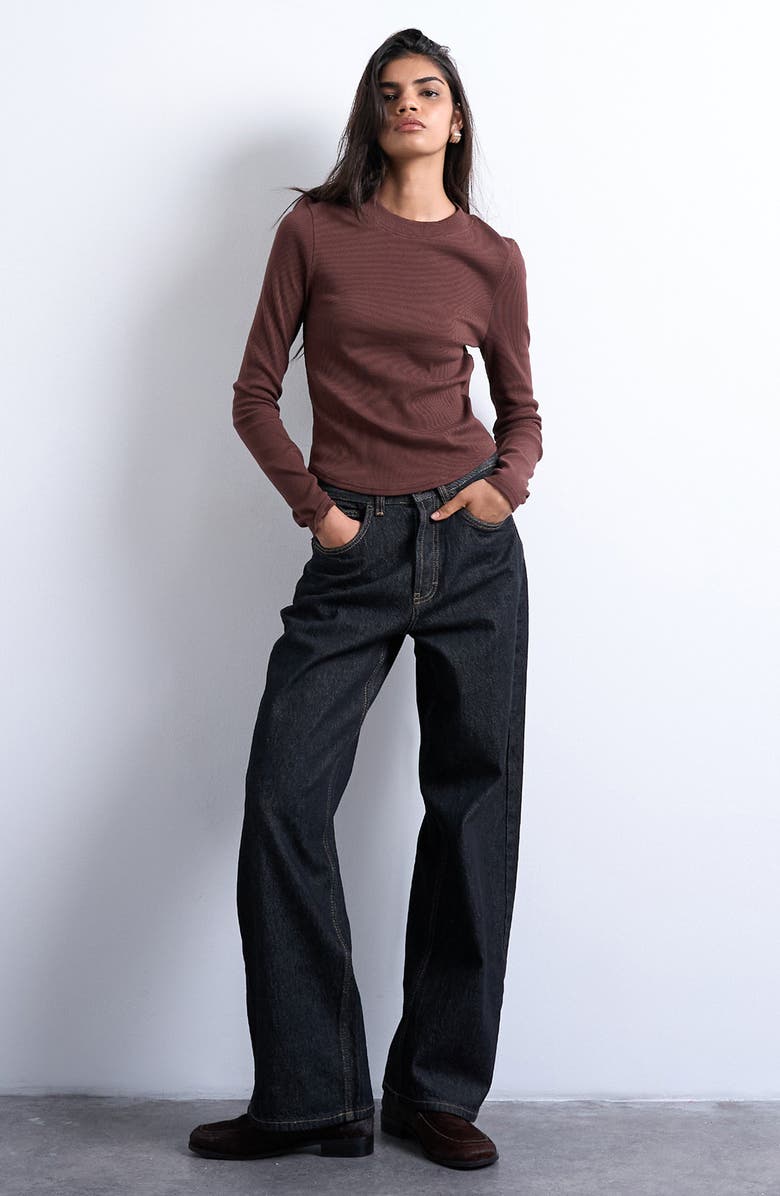 Topshop Long Sleeve Curve Hem Rib Top, Alternate, color, Brown