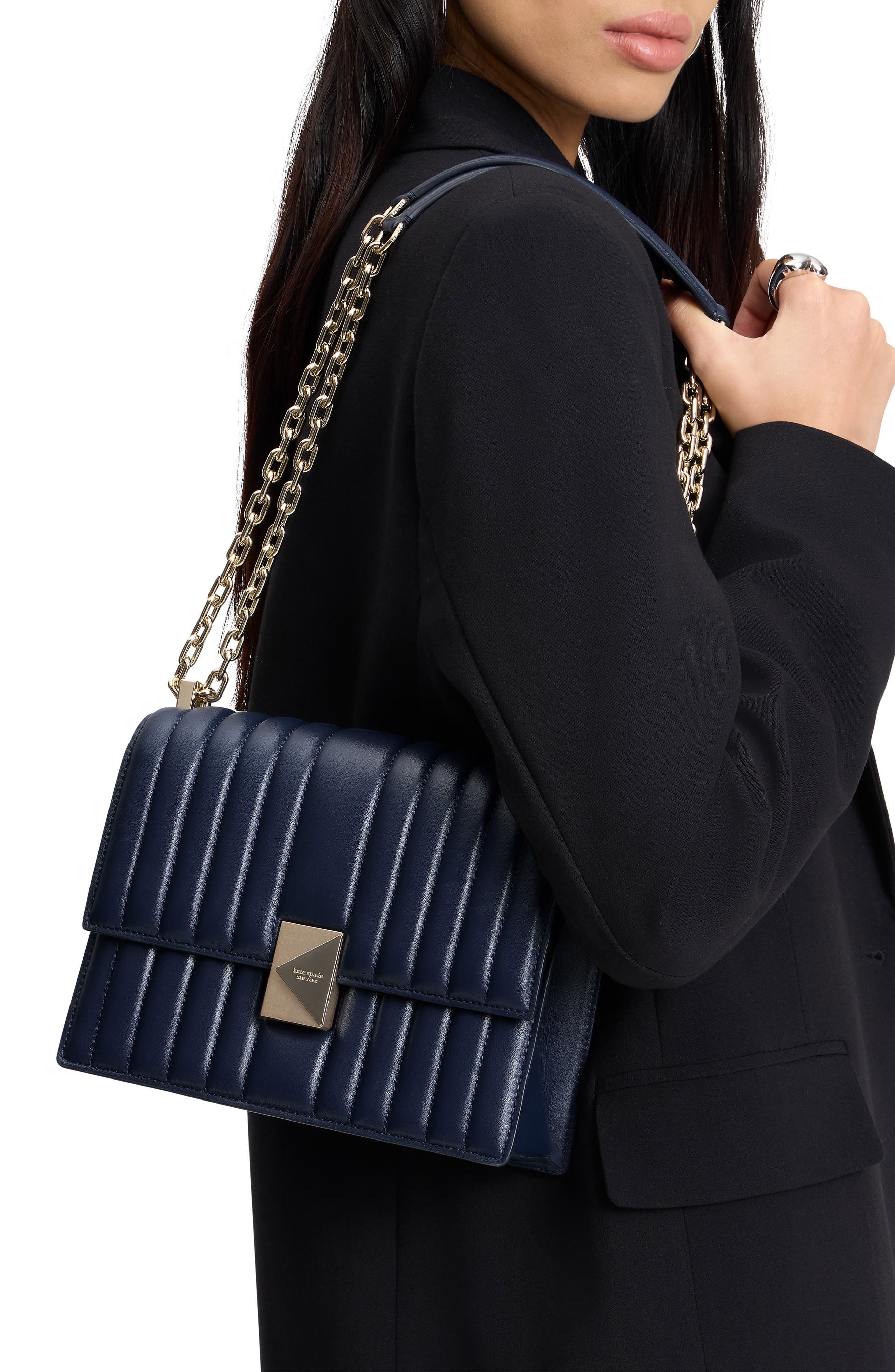 Kate Spade New York deco quilted leather convertible crossbody bag, Alternate, color, Parisian Navy