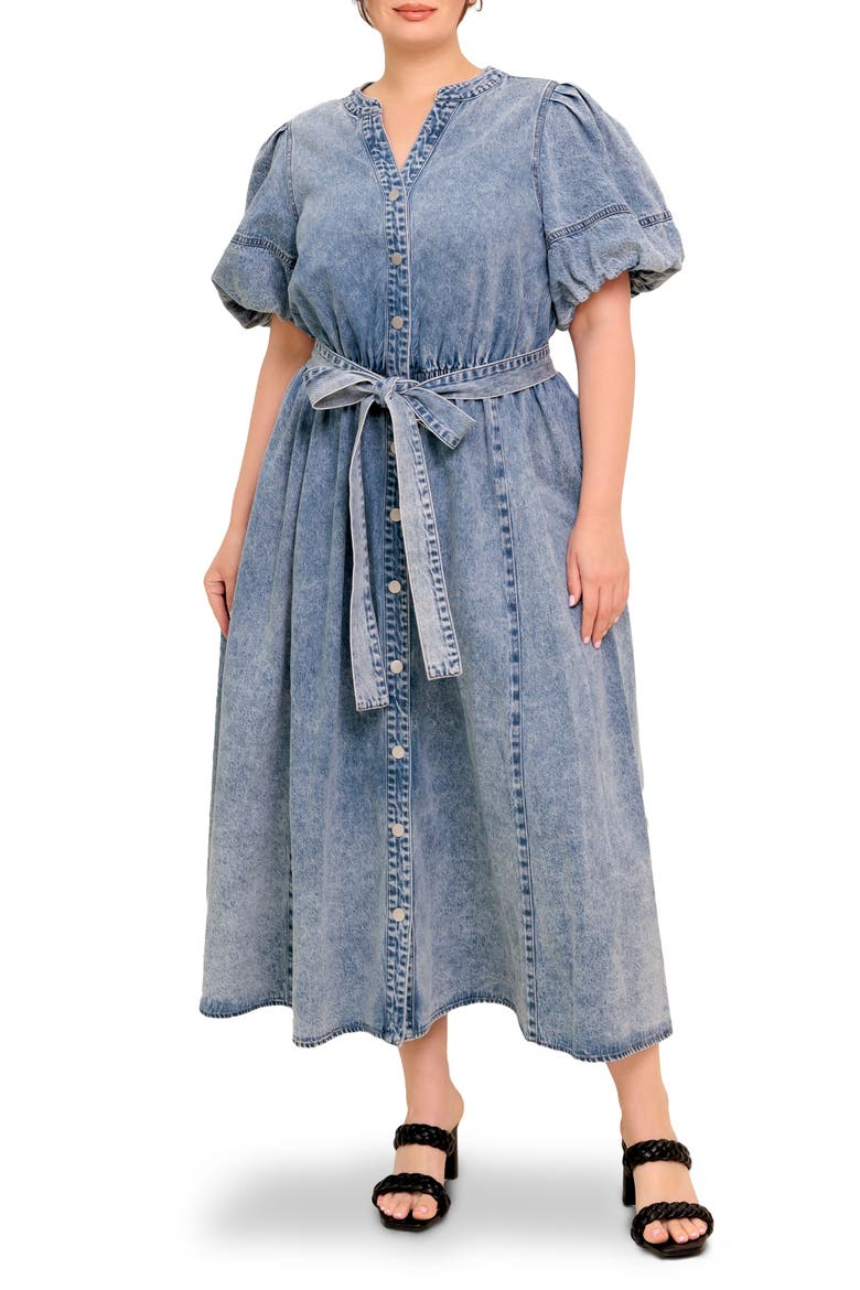 Puff Sleeve Denim Maxi Dress, Main, color, LIGHT DENIM