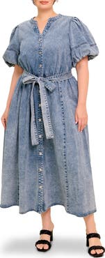 FLYING TOMATO Puff Sleeve Denim Maxi Dress