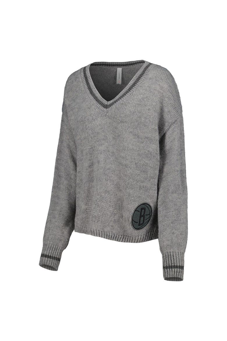 Women's Lusso Gray Brooklyn Nets Scarletts Lantern Sleeve Tri-Blend V-Neck Pullover Sweater, Alternate, color, Gray