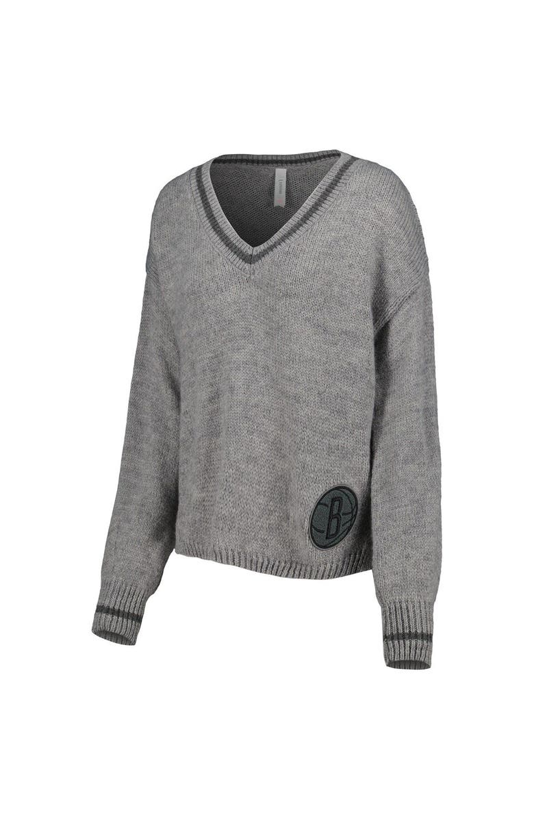 LUSSO Women's Lusso Gray Brooklyn Nets Scarletts Lantern Sleeve Tri-Blend V-Neck Pullover Sweater, Alternate, color, Gray