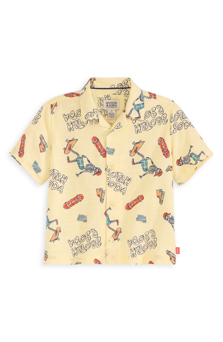 Scotch & Soda Kids' Camp Shirt & Pull-On Denim Shorts Set, Alternate, color, Light Pastel Yellow