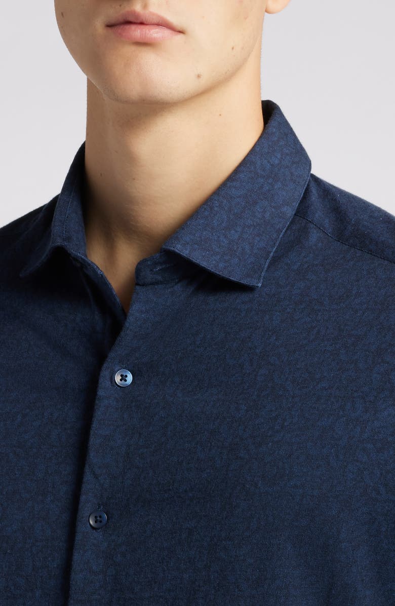 Robert Barakett Samuel Leaf Print Knit Button-Up Shirt, Alternate, color, Navy
