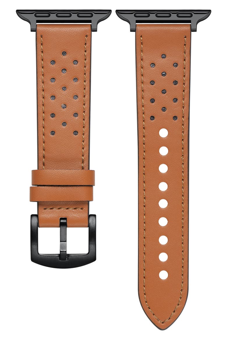 Derek Perforated Leather Apple Watch® Watchband, Main, color, BROWN