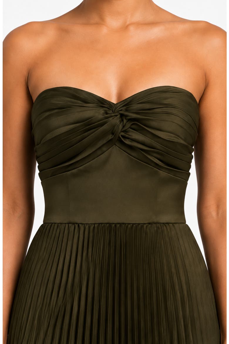 Twist Sweetheart Satin Pleated Midi Dress, Alternate, color, DEEP OLIVE