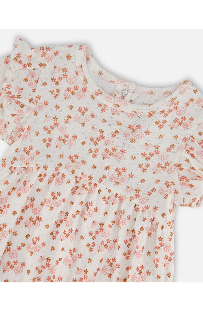 Deux par Deux Baby Girl's Organic Cotton Pointelle Romper With Frills Printed White And Pink Flowers, Alternate, color,