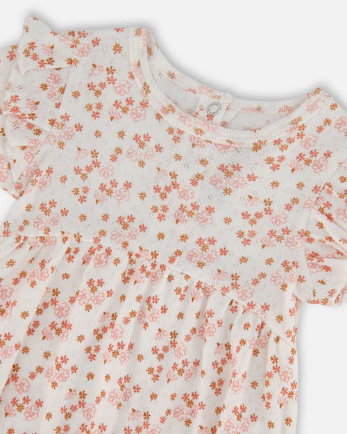 Deux Par Deux Baby Girl's Organic Cotton Pointelle Romper With Frills Printed White And Pink Flowers In White With Pink Flowers