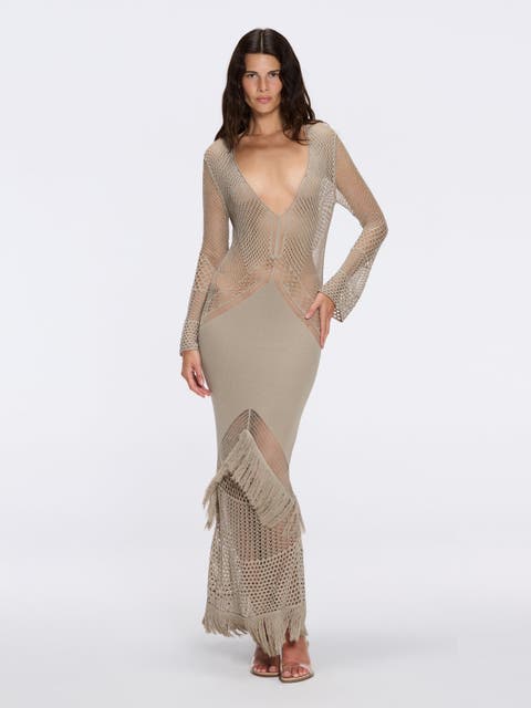 Elba Long Sleeve Knit Fringe Maxi Dress