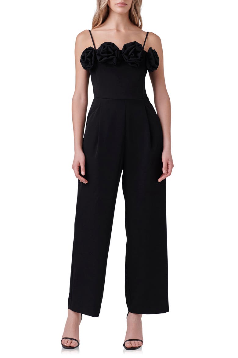 Rosette Trim Wide Leg Jumpsuit, Main, color, BLACK