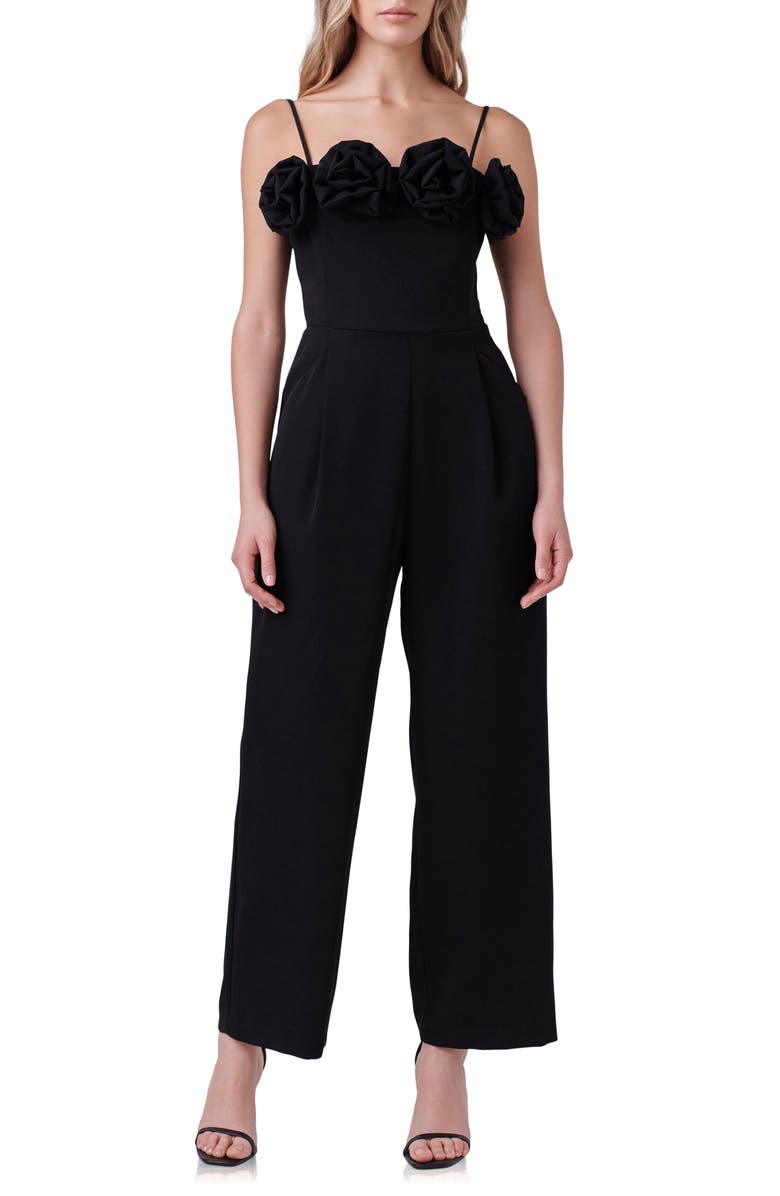 Endless Rose Rosette Trim Wide Leg Jumpsuit, Main, color, Black