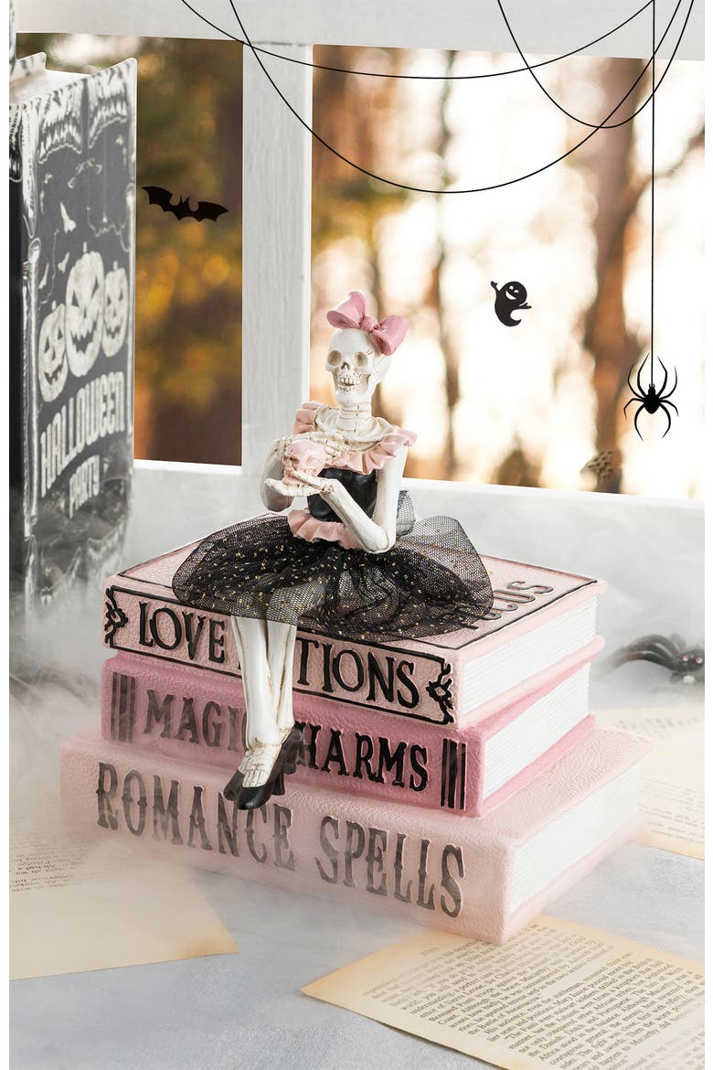 Halloween Polyresin Pink Skeleton Ballerina on Books Table Decor, Alternate, color, Pink