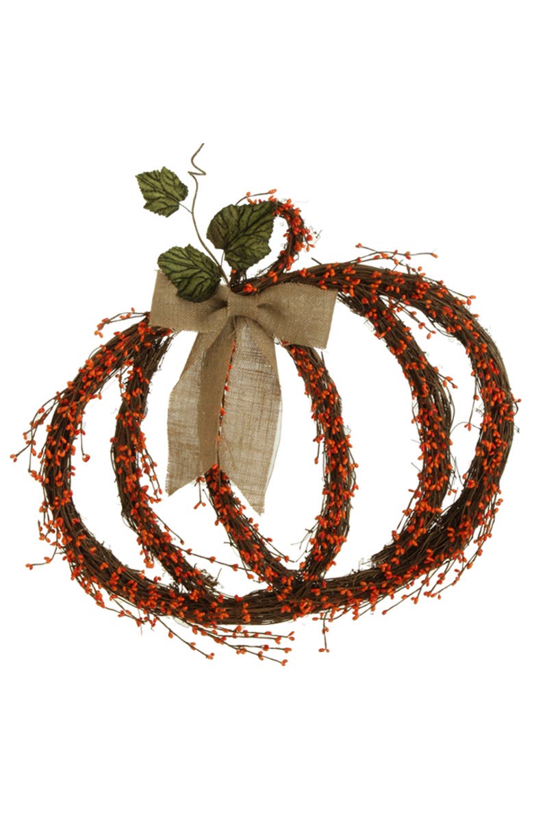 Raz 25" Brown and Orange Twig Pumpkin with Burlap Bow Autumn Wall Decoration, Main, color, Brown
